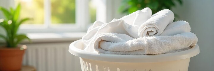 A pristine white laundry basket overflowing with freshly laundered, fluffy towels and clothes, sunlight streaming in Cleanliness, freshness, and a sense of home are evoked , textiles, linen