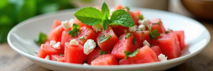 A refreshing summer salad featuring juicy watermelon chunks, crumbled feta cheese, mint leaves, and a light vinaigrette dressing Perfect for a light lunch or side dish , fruit, healthy