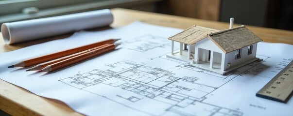 Architect's blueprint spread on a desk, alongside a scale model of a building, pencils, and a ruler; planning a new construction project , design, floor plan