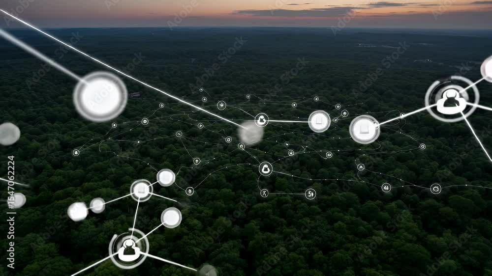 Poster aerial view of a forest overlaid with a network of interconnected white icons