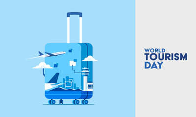 Travel concept with airport and airplane in suitcase. Vector illustration.