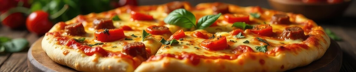 A sizzling hot pizza, generously topped with fiery chili peppers and spicy sausage, oozing melted cheese Perfect for a fiery food blog or restaurant menu , tasty, comfort, red