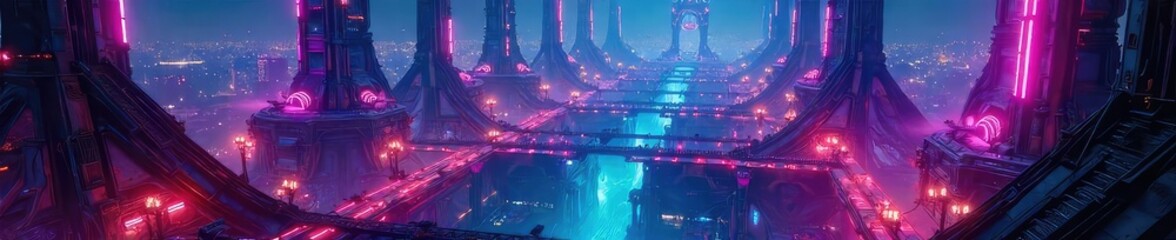 A sprawling, futuristic game complex with neon lights illuminating intricate architecture at night The scene evokes a sense of mystery and high-tech entertainment , technology, gameplay