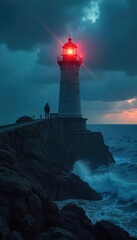 A solitary figure stands watch in a lighthouse, overlooking a dramatic, stormy sea The beam cuts through the dark night, a beacon of hope against the elements , night, cliff