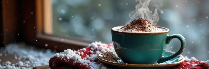 A steaming mug of hot chocolate sits beside a window, snow falling softly outside Dark chocolate shavings are sprinkled on top, adding a touch of winter warmth , sweet, hot chocolate, windowpane