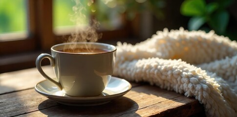 A steaming mug of herbal tea sits on a rustic wooden table next to a cozy blanket, soft lighting creating a peaceful atmosphere perfect for unwinding and relaxation , winter, meditation