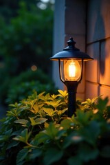 A stylish outdoor lamp casts a warm glow on a summer evening, illuminating lush greenery Perfect for summer vibes, home decor, and relaxation imagery , cozy, nature
