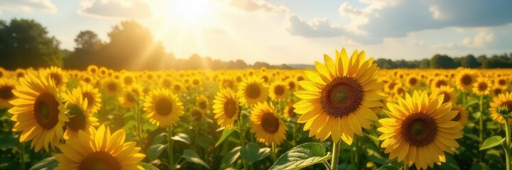 Obraz premium A vibrant sunflower field stretches to the horizon, representing the vast reach of the internet; sunlight streams through the blossoms, symbolizing connection and growth , online, leaves