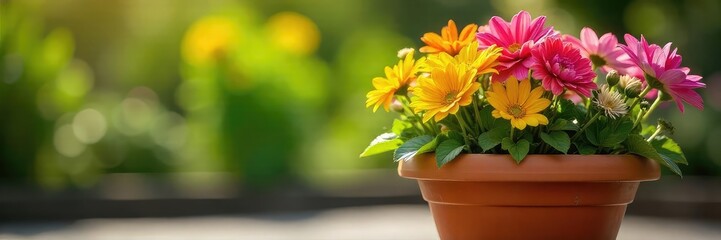 Fototapeta premium A vibrant terracotta pot overflowing with lush, colorful flowers sits outdoors, bathed in warm sunlight The scene evokes a feeling of summer and garden freshness , bloom, clay pot, earth tones
