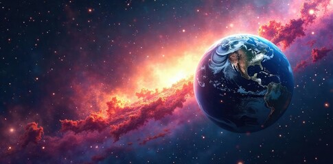 Obraz premium A vibrant, swirling nebula resembling planet Earth, cosmic dust and gas forming continents and oceans A breathtaking depiction of our planet on a grand, universal scale , cosmic, astronomy