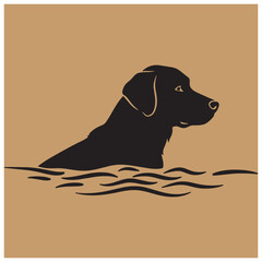 Silhouette of a black labrador retriever swimming in water against a tan background