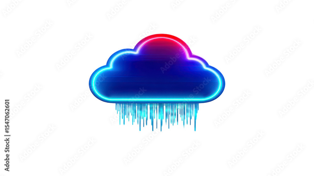 Poster glowing neon cloud with gradient of blue and red hues features icicle like elements hanging from its