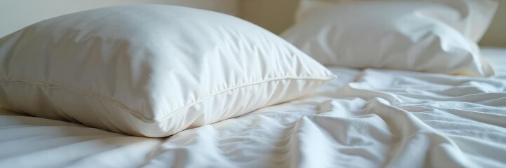 Obraz premium Close-up of a fluffy pillow with rumpled sheets, suggesting peaceful slumber and a well-rested feeling Perfect for relaxation, comfort, and sleep-related themes , interior, relaxation, inviting