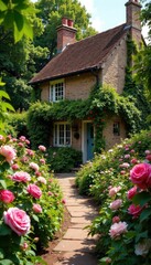 Charming English cottage garden overflowing with vibrant blooms, rambling roses, and lush greenery Perfect for home decor, gardening, and travel websites , tranquility, nature, rural