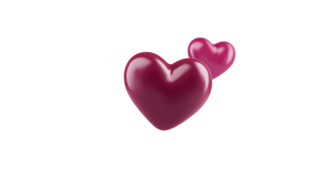 Two glossy purple hearts float against transparent background, symbolizing love and affection. smooth, shiny surface of hearts adds modern and elegant touch - Powered by Adobe