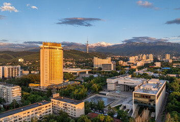  View from a quadcopter on the central part of the Kazakh city of Almaty on a summer evening