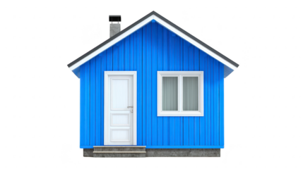 Small, charming blue wooden house with white door and window, featuring chimney on roof. house is isolated on transparency background, showcasing its simple architectural design