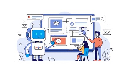AI-Tutor : Flat vector illustration depicting artificial intelligence assisting students with a virtual whiteboard, highlighting the concept of engaging online learning experiences.