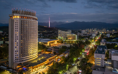 Obraz premium View from a quadcopter on the central part of the Kazakh city of Almaty on a summer evening