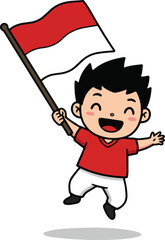Cartoon boy waving Indonesian flag while jumping