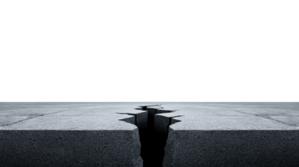 Large crack runs through concrete surface, creating dramatic and tense atmosphere. image captures texture and depth of fissure, highlighting stark contrast between smooth concrete and jagged edges