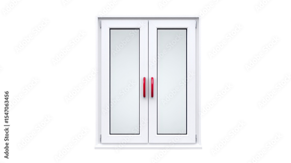 Poster white double pane window with red handles is shown against plain background, highlighting its modern