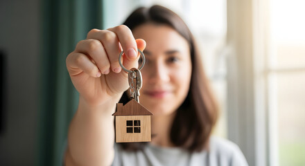 Woman Holding House Keys with Model Home