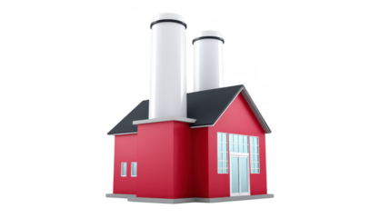 Red industrial building with two large white chimneys and black roof, featuring large windows and modern design. structure stands isolated on transparency background