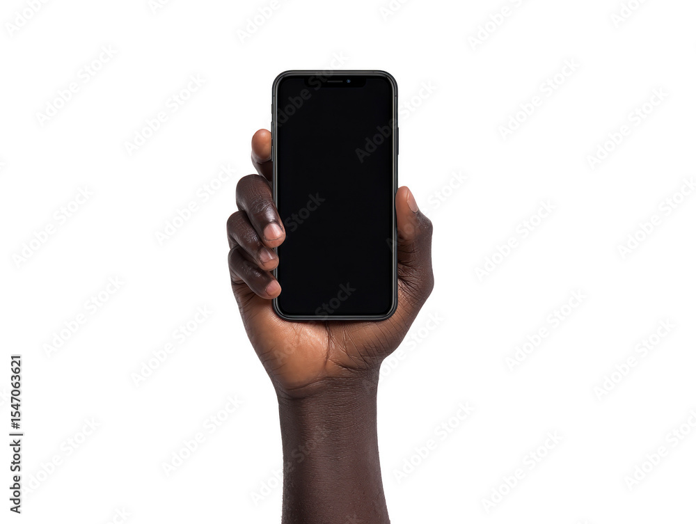 Poster hand holding smartphone with blank screen, isolated on transparency background. image focuses on han