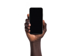 Hand holding smartphone with blank screen, isolated on transparency background. image focuses on hand and phone, highlighting device sleek design and potential for customization