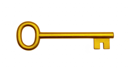 Golden vintage key with oval bow and simple bit design, isolated on transparency background, evokes sense of mystery and nostalgia