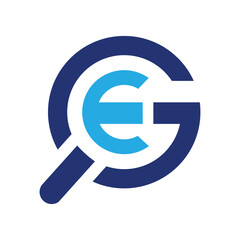 The image shows a flat monogram logo design of an initial letter EG or GE in magnifying glass shape in blue color that looks clean and modern on a white background
