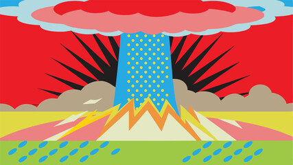 Abstract Artistic Depiction of a Volcanic Eruption or Nuclear Explosion A Post-Apocalyptic Landscape in Vibrant Colors, Symbolizing Destruction and Renewal