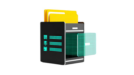 Digital illustration of futuristic file cabinet with glowing elements and transparent drawer, showcasing modern and innovative design