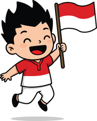 Cute boy character with red-white flag jumping
