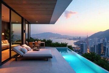 Luxury cityscape holiday villa with panoramic city views, modern architecture, and private balcony Perfect for a relaxing getaway , windows, exterior, travel