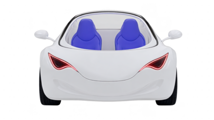Sleek white convertible car with futuristic design features blue seats and distinctive red headlights, exuding modern and innovative aesthetic