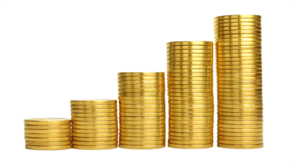 Gleaming gold coin piles isolated on transparent background