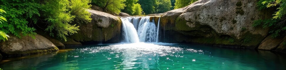 Obraz premium Refreshing cascade of water tumbles over mossy rocks into a sun-drenched pool, surrounded by lush green summer foliage Perfect for travel, nature, and serenity themes , environment, peace