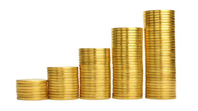 Gleaming gold coin piles isolated on transparent background