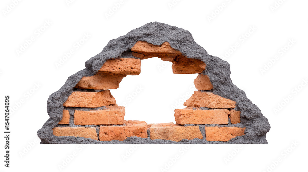 Poster hole in brick wall with rough edges reveals rugged texture, creating intriguing visual contrast. exp