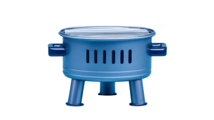 Compact, blue portable grill with round design and sturdy legs, perfect for outdoor cooking and barbecues. Its sleek, modern look makes it ideal for picnics and camping trips