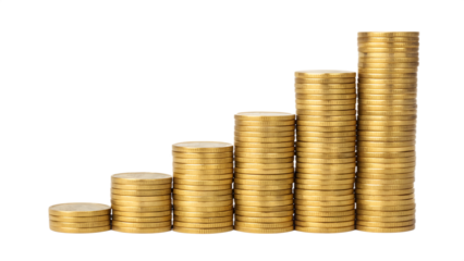 Piles money gold coins of gleaming with isolated against transparent background. Banking and financial concept 