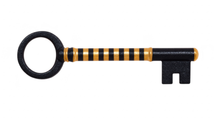Vintage style key with round handle and striped black and gold design evokes sense of mystery and elegance. intricate detailing suggests it might unlock something special