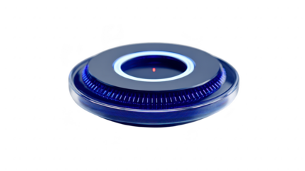 Sleek, modern electric shaver head with circular design and blue accents, featuring precision blades for close shave. futuristic look is enhanced by glowing ring