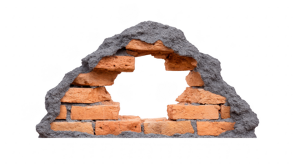 Hole in brick wall with rough edges reveals rugged texture, creating intriguing visual contrast. exposed bricks and surrounding cement add element of rustic charm
