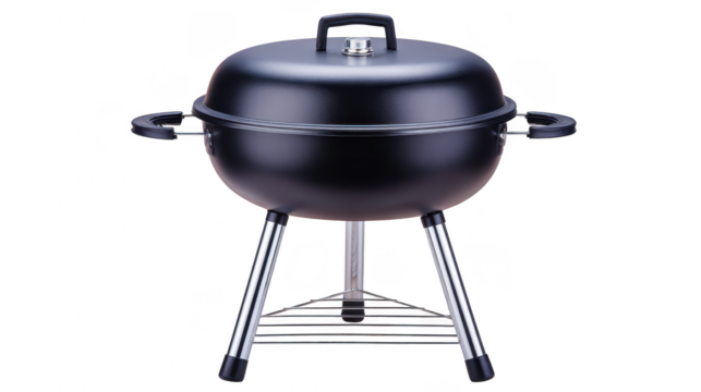 Sleek black charcoal grill with round lid and sturdy metal legs, perfect for outdoor barbecues and gatherings. grill features side handles and vent on top for temperature control