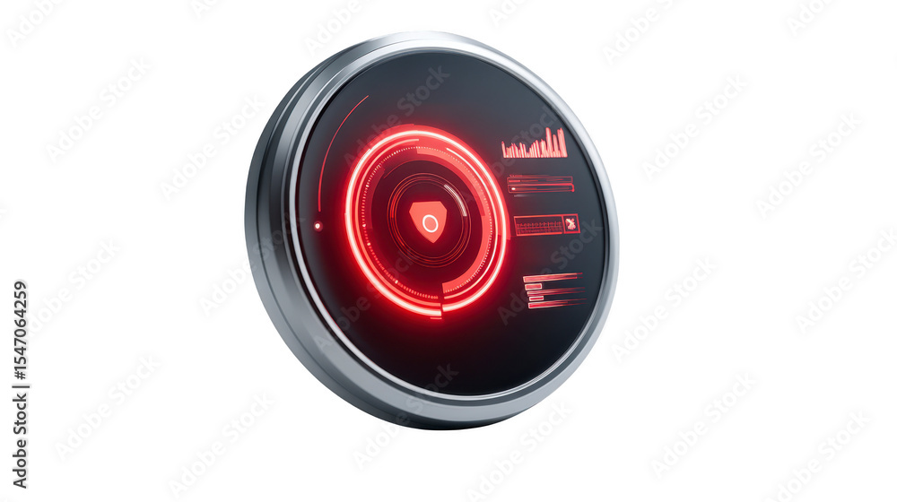 Poster futuristic digital interface with circular design features glowing red elements, including graphs an