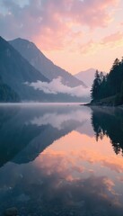 Serene lakeside landscape at dawn Mist hangs over still water, reflecting the soft morning light on tranquil shores Perfect for travel, nature, and tranquility themes , dreamy, scenery, getaway