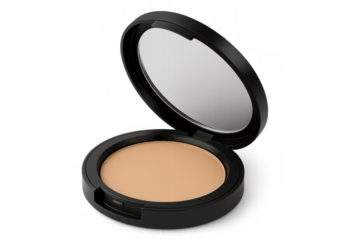 Beige compact powder with open lid showing mirror on a transparent background, perfect for beauty and makeup projects